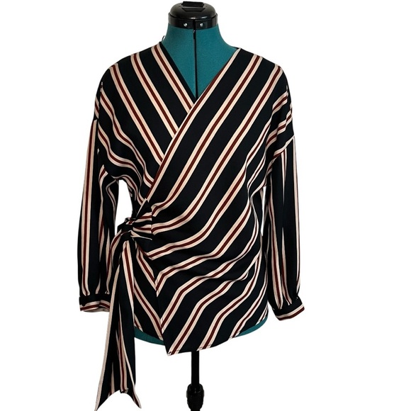 2/$30 Zara Basic Black Brown Tan Striped Long Sleeve Wrap Blouse - Picture 3 of 10